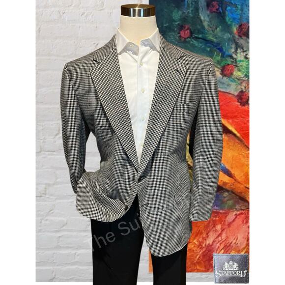 Stafford Mens 46R Black Beige Burgundy Houndstooth Plaid Blazer Sport Jacket - Picture 1 of 16
